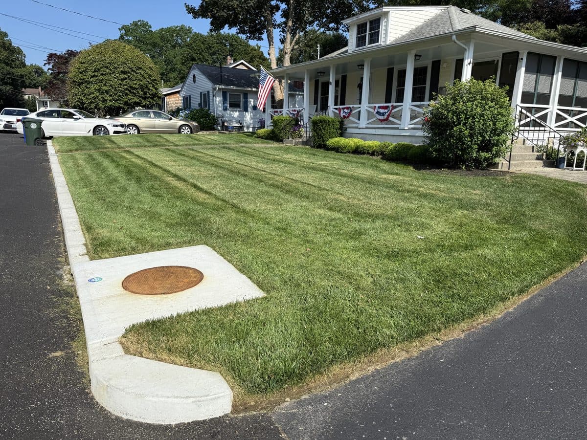 A striped commercial lawn along a sidewalk and parking area