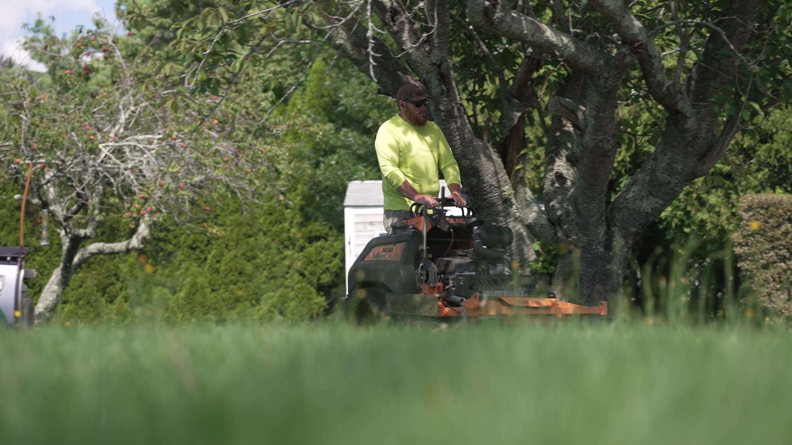 The mower working under mature trees in summer